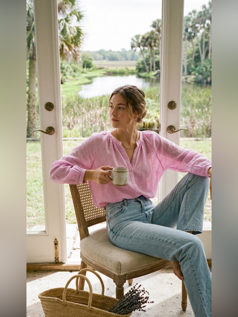 Cynthia Rowley Sheer Light Pink Linen Button Blouse Size: L NWT